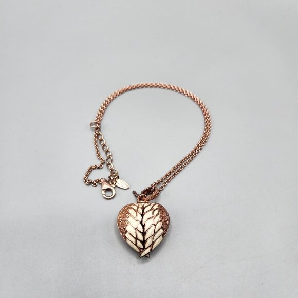 Rose Gold Plated Angel Wing Heart Locket Necklace 925 Thailand 26.35 19" Chain - Picture 2 of 10